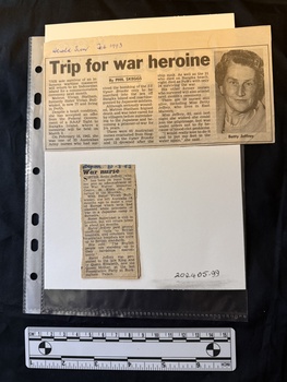 Two newspaper clippings, one with three columns of print and a photograph of an elderly woman.  The other is one column of print.