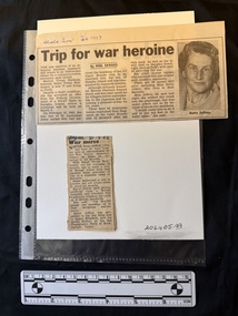 Two newspaper clippings, one with three columns of print and a photograph of an elderly woman.  The other is one column of print.