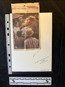 Newspaper clipping of a photograph.  In the photograph are three women, possible Australian nurses, one of them holding a baby.  Next to them is a young asian woman and some children.