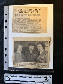 Two newspaper clippings, one with three columns of print.  The other is a photograph of three women in uniform with  the caption, 'Back in Uniform for Anzac Day'.