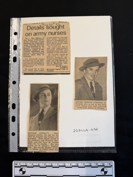 Three small newspaper clippings.  One is an article about a history of army nurses being written by Dr Rupert Goodnam.  Another is a photograph of Sister Margaret Adams who died on the hospital ship Centaur, with one column of text underneath.  The third is a photograph of AIF nurse Sister Bennos Atwood with a caption underneath.