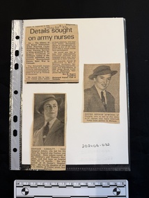Three small newspaper clippings.  One is an article about a history of army nurses being written by Dr Rupert Goodnam.  Another is a photograph of Sister Margaret Adams who died on the hospital ship Centaur, with one column of text underneath.  The third is a photograph of AIF nurse Sister Bennos Atwood with a caption underneath.
