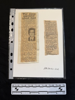 Two small newspaper clippings of one column each.  One contains a black and white photo of a woman captioned, 'Miss Headberry'.