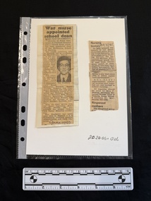 Two small newspaper clippings of one column each.  One contains a black and white photo of a woman captioned, 'Miss Headberry'.