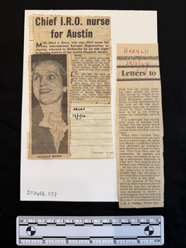 Two newspaper clippings, each with one column of text.  One clipping includes a black and white photograph of a woman with the caption, 'Matron Bowe'.