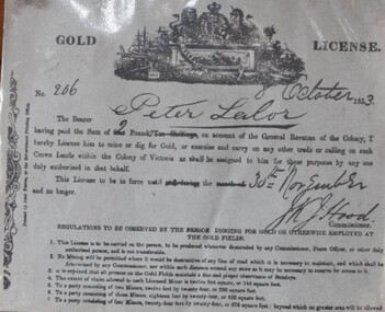 Document - License, Ballarat Historical Society, Gold License