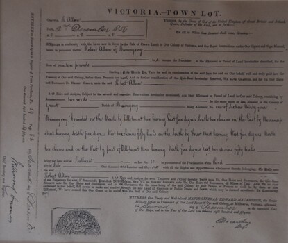 Record of land purchase in Buninyong made by Robert Allan in December 1856. From Register of Town Purchases. 