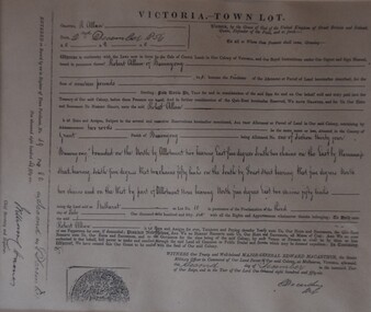 Record of land purchase in Buninyong made by Robert Allan in December 1856. From Register of Town Purchases. 