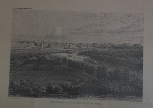 Framed copy of an engraving of early Melbourne published by J C Armytage, an English engraver. 