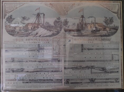 Framed photographic copy of a Lithograph by H. Deutsche, Ballarat. The print was used to promote the selling of shares by the Buninyong Gold Mining Company Ltd. 