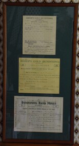 Three Buninyong district gold mining share certificates dated from 1936-1938.