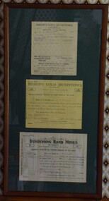 Three Buninyong district gold mining share certificates dated from 1936-1938.