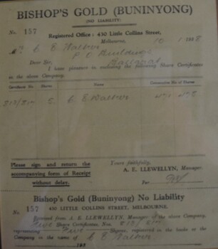 Certificate for five shares in Bishop's Gold, Buninyong, issued by A E Llewellyn, Manager, to Mr. C. B. Walker of Ballarat, 10 January 1938.