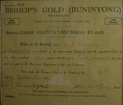 Certificate for one share (5 Pounds) in Bishop's Gold, Buninyong, issued by A E Llewellyn, Manager, to Mr. C. E. Walker of Ballarat, 18 December 1937.