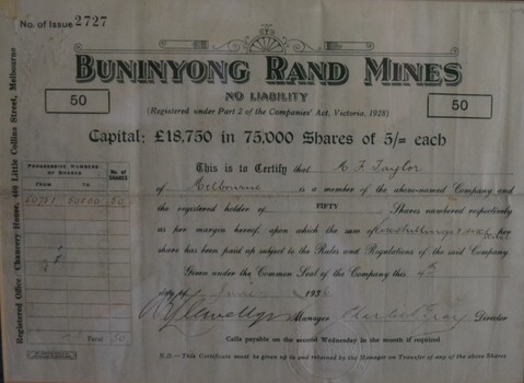 Receipt for payment issued on fifty shares in the Buninyong Rand Mines. Dated 4 June 1936. Statement of share payments made to M.F. Taylor of Melbourne by A. E. Llewellyn, Manager.