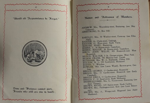 Inside pages of the Old Boys Association booklet, showing the layout and style of entries for each person listed.