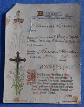 Confirmation Certificate presented to Blanche Brown in 1902 at the Holy Trinity Church, Buninyong.