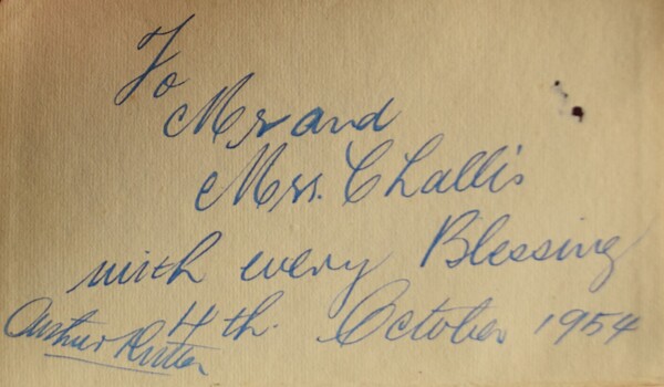 A red leather covered Bible presented to Mr. and Mrs. Challis of Buninyong on 4 October, 1954. Signed by Arthur Rutter?
