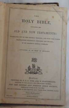 Title page of the Bible presented to Lily Spicer, Sunday School, Yendon on 16 May 1886 by Mr. Browne, Superintendent.