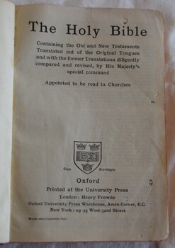 Title page of a black, leather covered Bible, presented to Miss Dulcie Graham on the occasion of her wedding by her friend and minister, John D Davies, on 11 June, 1919. 