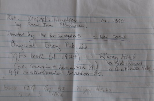 Note found in the book outlining its history and connection to the Buninyong Public Library, the building now occupied by the Visitor Information Centre.