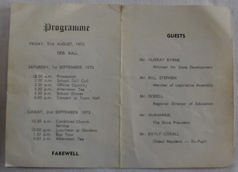 Inside pages of the programme issued for the centenary weekend of activities held in 1973 for the Buninyong Primary School.