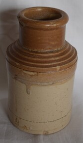 Two-toned pottery jay with ridged neck and wide opening. No maker's marks.