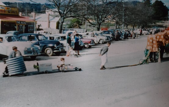 A billy-cart and decorated bicycle in the procession held to mark the connection of a new water supply for Buninyong in 1959.