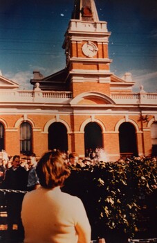 Turning on the Water celebration included speeches made from the steps of the Buninyong Shire Hall, including Sir Henry Bolte.