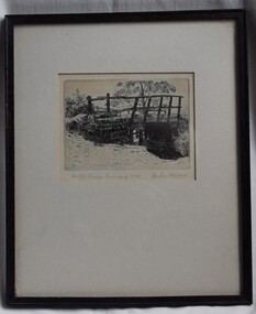Engraving of a rough old timber bridge in Buninyong by artist and art educator, Graham Hopwood.
