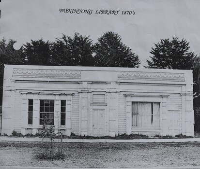 Image of the Old Buninyong Library, possibly in the 20th Century after it was no longer a library. Note that building signage has been removed and building has been painted white.  