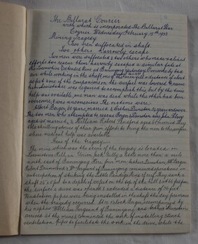 Handwritten transcript of an article in the Ballarat Courier concerning the death of two miners. February 15 1933.