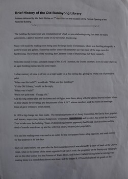 Copy of the address given by Beth Ritchie at the official opening of the restored Old Buninyong Library on 7 April 1991.  
