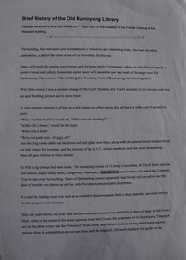 Copy of the address given by Beth Ritchie at the official opening of the restored Old Buninyong Library on 7 April 1991.  