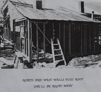 Weatherboards removed from side and rear walls of the Buninyong Library during restoration project, 1980s.