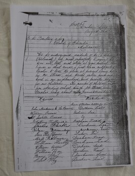 Photocopy of the first page of a petition to the Board of Education regarding the reinstatement of a teacher at Durham Lead.