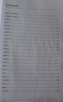 First index page listing contents of booklet of historical stories about the early families of Yendon.
