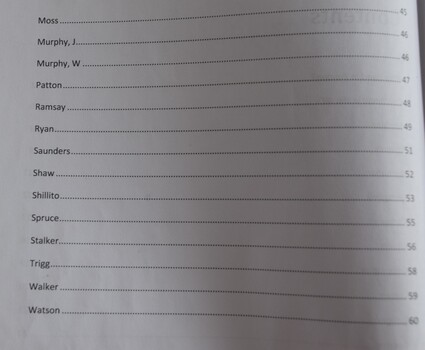 Second part of contents page from A4 typescript with clear plastic cover and black plastic spiral binding strip.