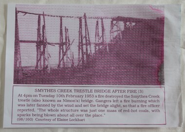 Reproduced half-tone image of Nimon's Bridge after a fire in 1953.