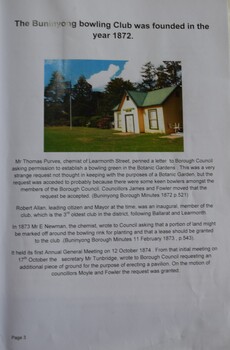 Introductory page from Sandra Chapman's Brief History of the Buninyong Bowling Club