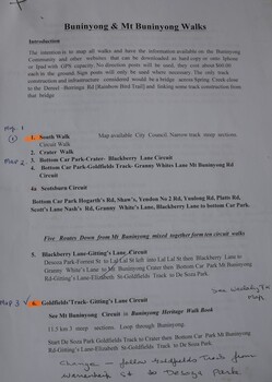 Typed listing of walking options around Buninyong and Mount Buninyong.