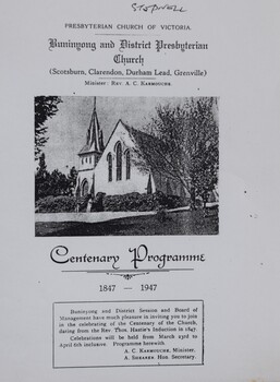 Original printed booklet produced for the centenary of Buninyong Presbyterian Church in 1947.
