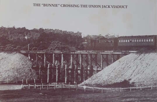 Postcard showing train crossing the Union Jack Viaduct on the Buninyong Railway line.