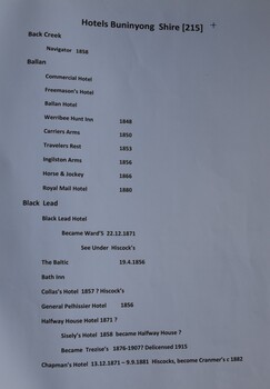 Contents page showing details of lists and notes concerning hotels in Buninyong Shire and Sebastopol.