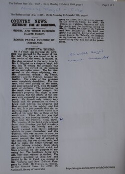 Article dating from 1908 concerning a fire that consumed the Princess Royal hotel and other businesses in Buninyong.