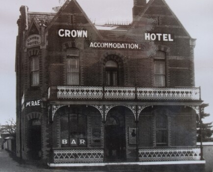 Post 1880s image of the Crown Hotel, Buninyong. Fire had destroyed an earlier building.