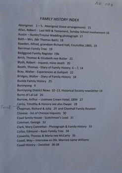 Contents Page showing the surnames of family histories featured in the A - C folder.