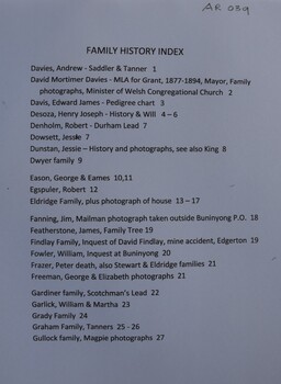 Contents Page for D - G folder of family history notes, Buninyong district.