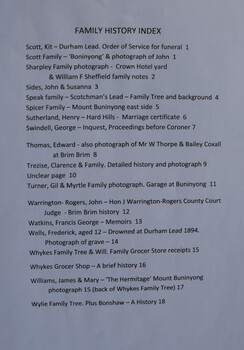 Contents page for volume of family history notes starting with surnames S to Z.