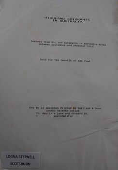 Title page of booklet, Highland Emigrants in Australia.